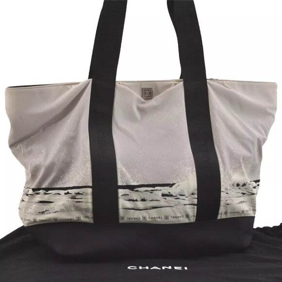 Authentic CHANEL Sports Line High Summer Nylon Leather CC Tote Bag Gray - Picture 3 of 16